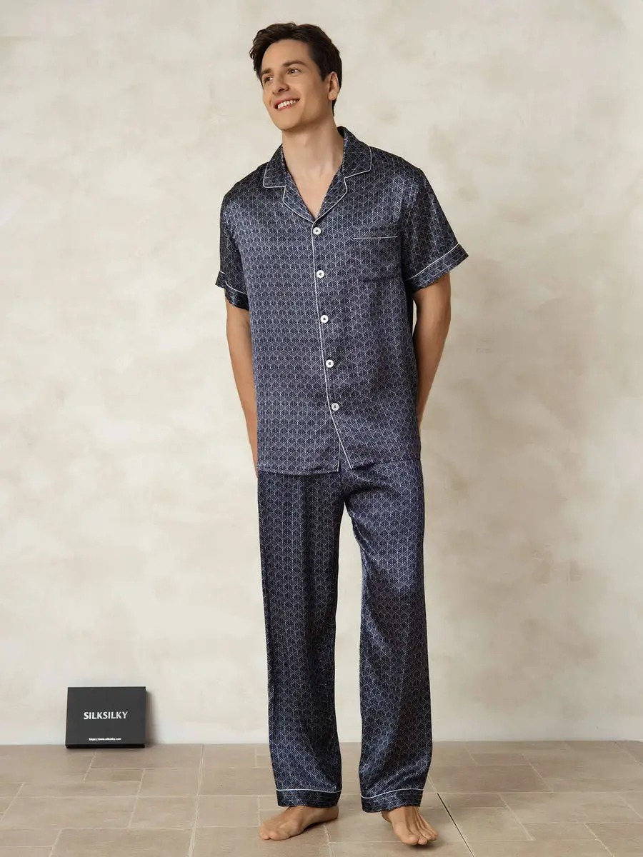 Men's Pure Silk Navy Ginkgo Print Short Sleeve Pajamas Set with Pants